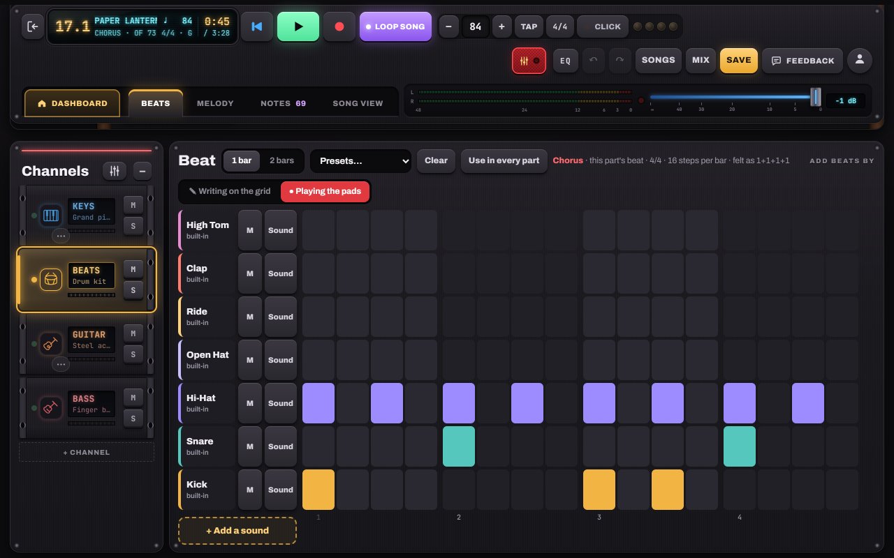 The beat grid in Notes to Play, with a drum pattern under the song
