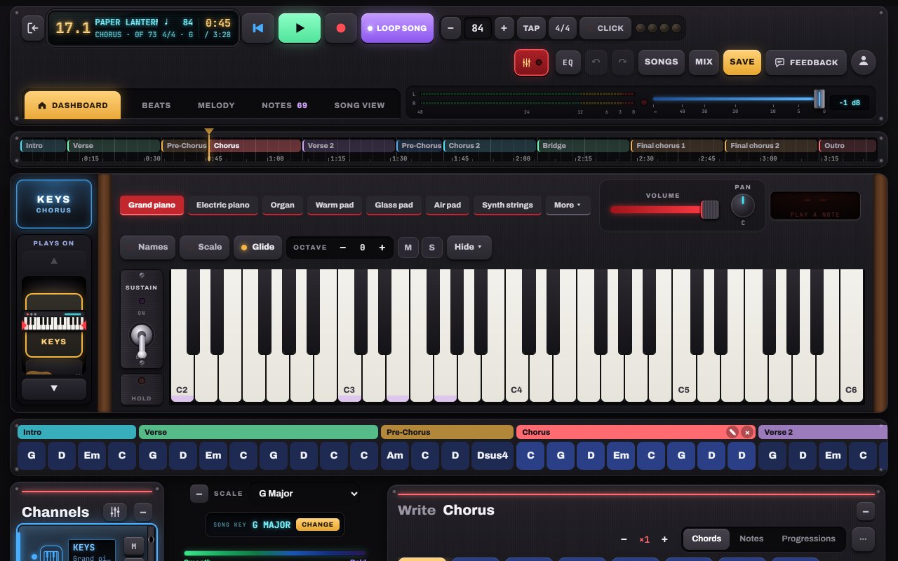 Lyrics written under each bar in Notes to Play