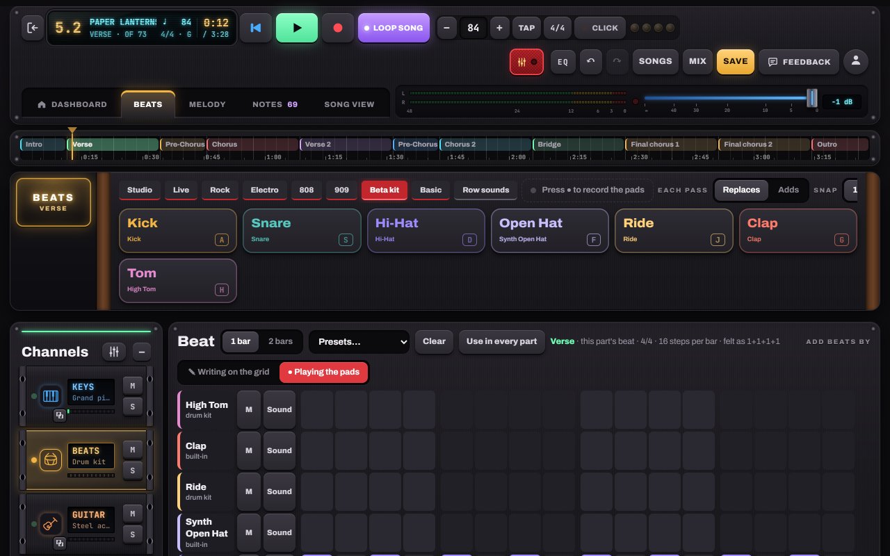 The Beats screen in Notes to Play with drum pads and the beat grid