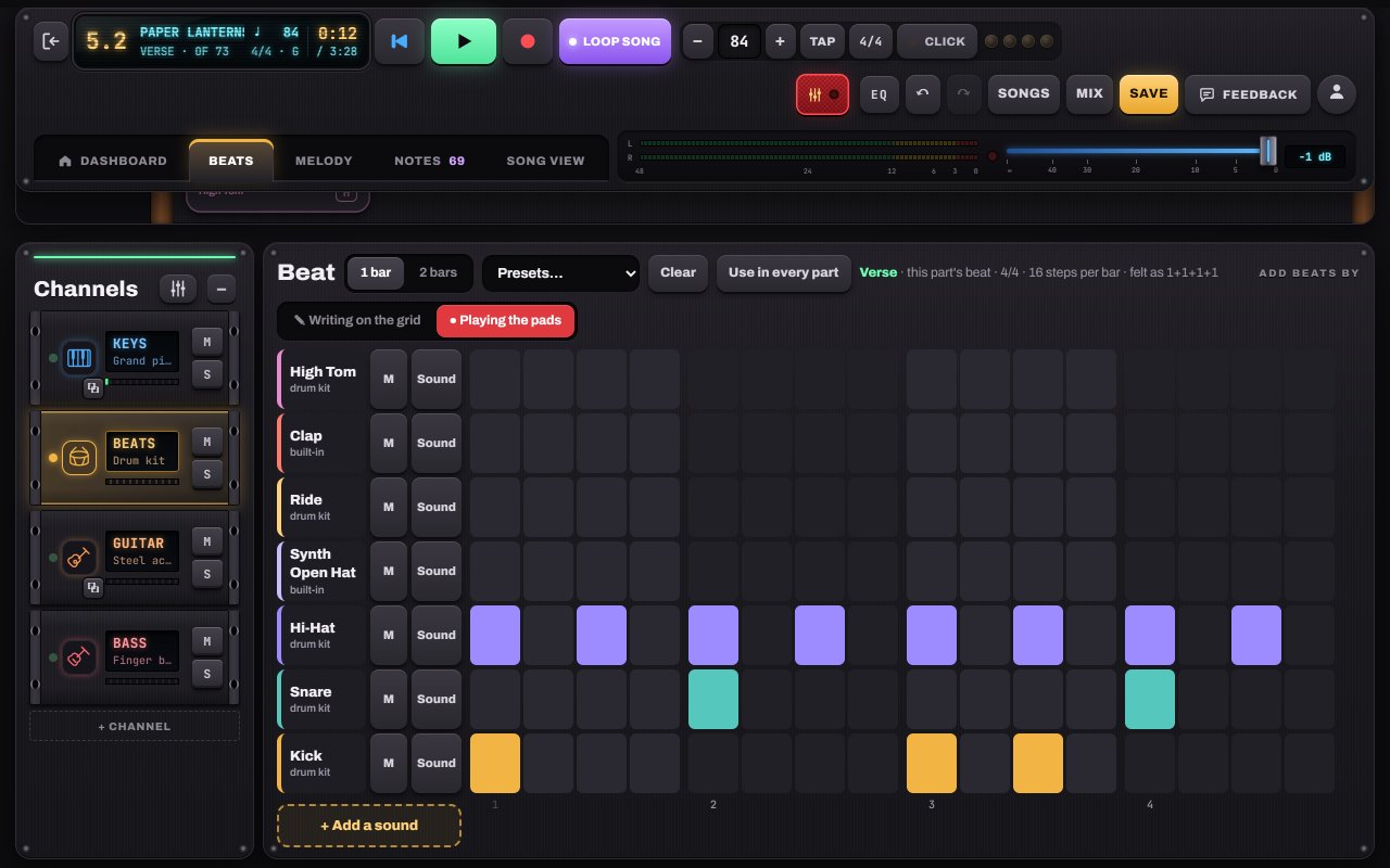 Write a beat on the grid: the matching Notes to Play screen