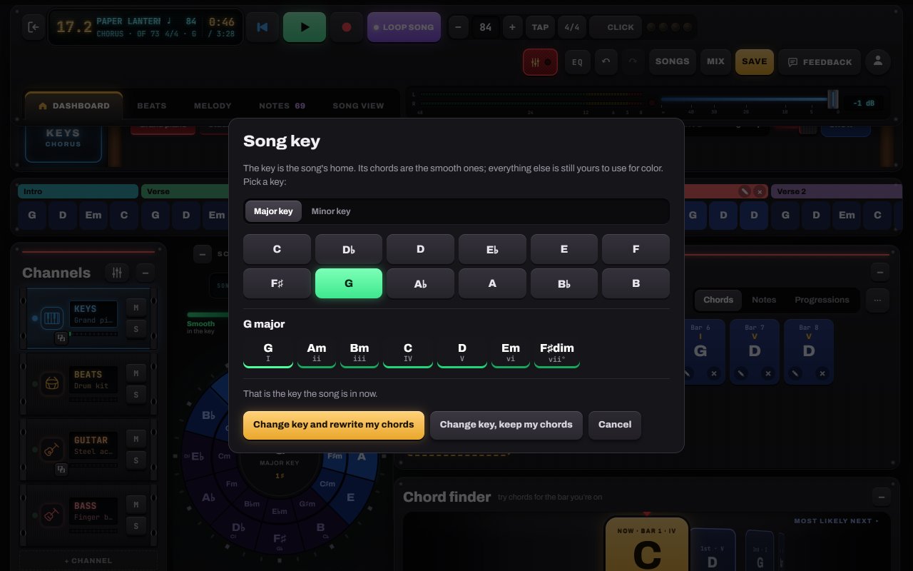 Pick a key: the matching Notes to Play screen with numbered callouts