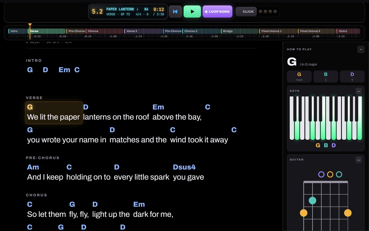 Concert mode in Notes to Play: chords and lyrics in big type with how to play the chord on the right