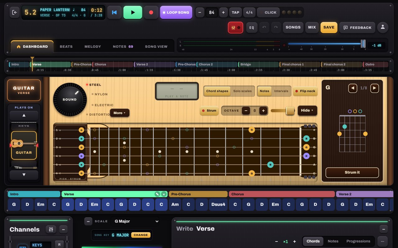 The guitar neck in Notes to Play with chord shape, SOUND knob and chord box