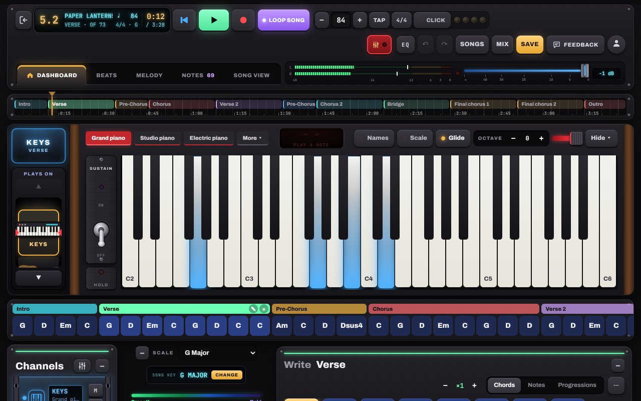 Play the keys: the matching Notes to Play screen with numbered callouts