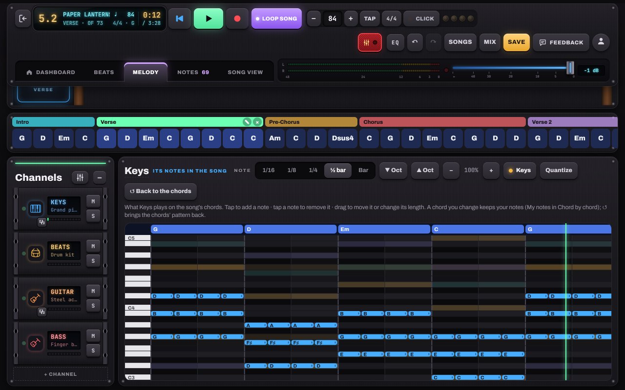 The Melody piano roll in Notes to Play showing the notes the keys play on G, D, Em and C