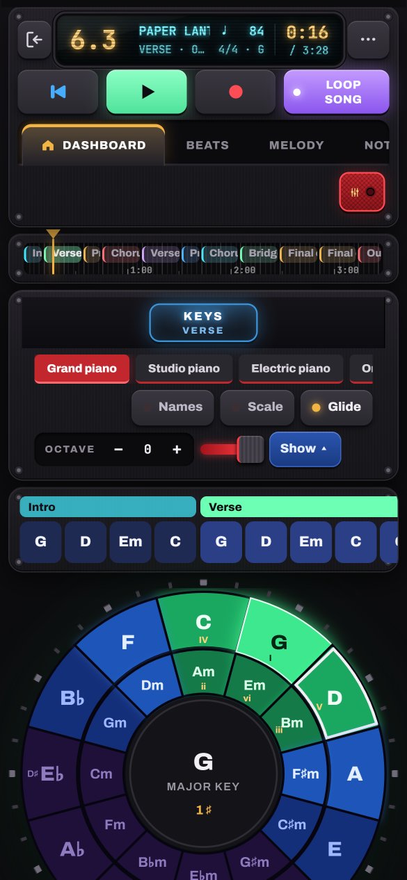 The Notes to Play dashboard on a phone with the circle of fifths