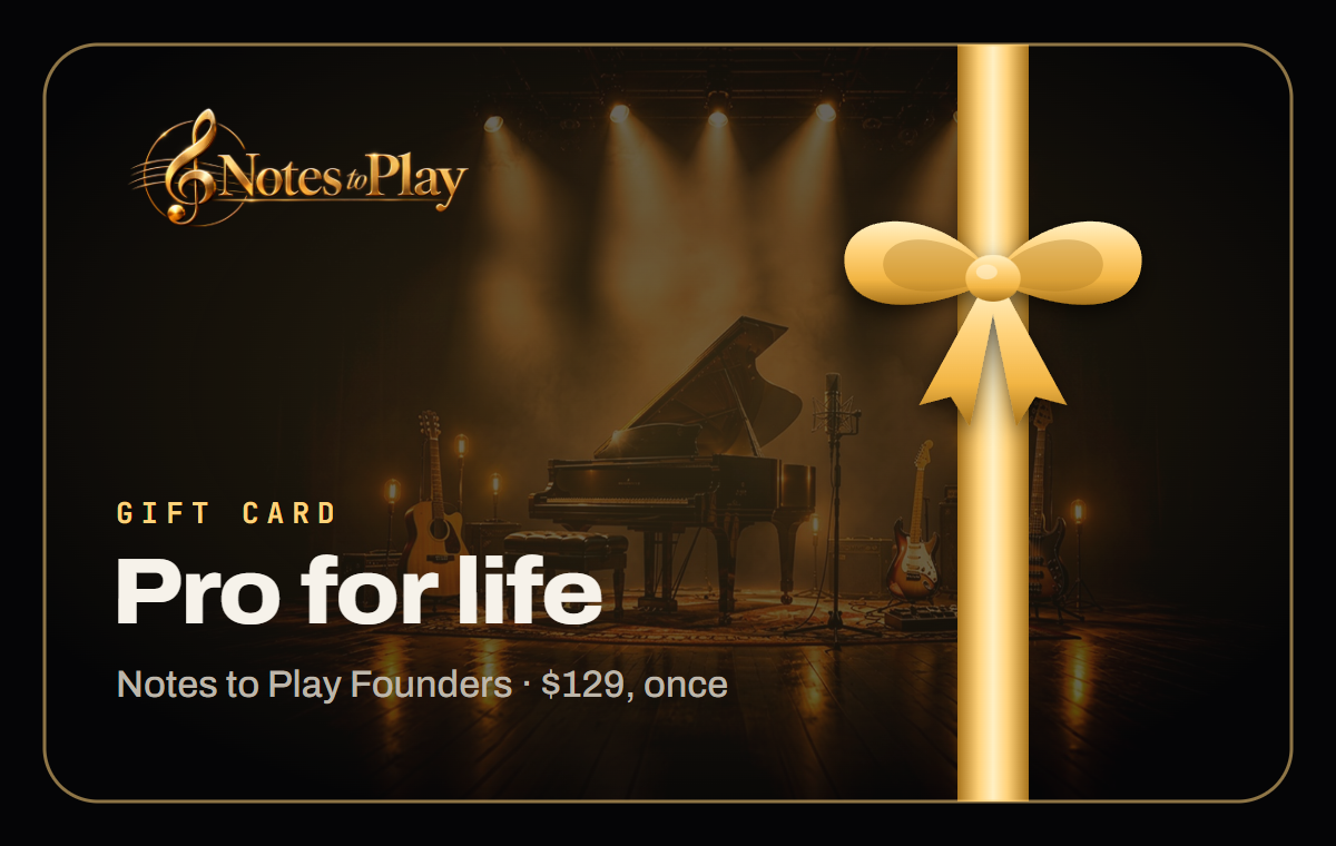 Notes to Play gift card: Pro for life, with a gold ribbon and bow