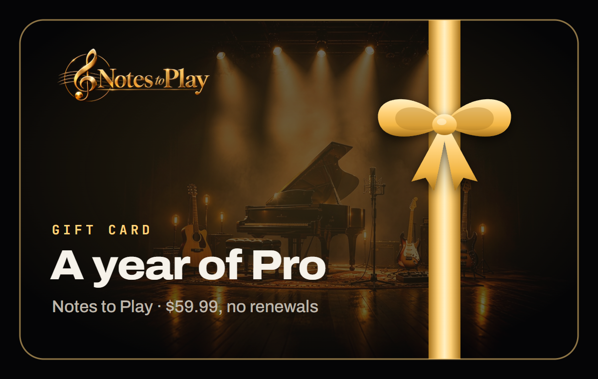 Notes to Play gift card: a year of Pro, with a gold ribbon and bow