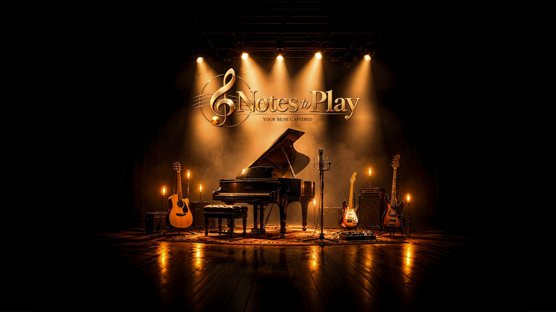 The Notes to Play stage: the gold Notes to Play logo and Your Muse Captered above a grand piano, guitars and a microphone under warm spotlights