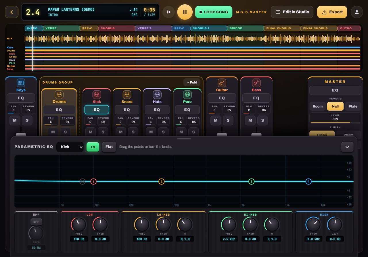 Shape each sound with EQ: the matching Notes to Play screen with numbered callouts