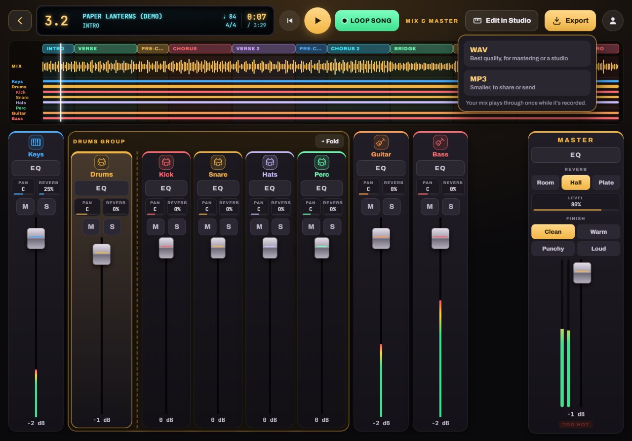 Export a WAV or MP3: the matching Notes to Play screen with numbered callouts
