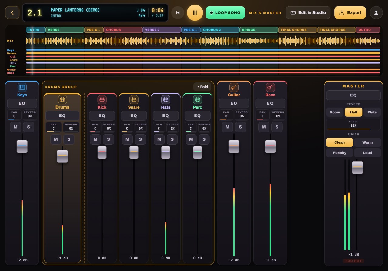 Mix & Master in Notes to Play: the song timeline with a lane per instrument, channel strips for Keys, the Drums group, Guitar and Bass, and the Master with reverb and Finish