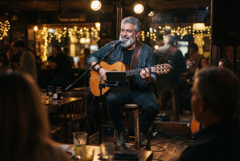 A grey-bearded guitarist playing a café gig with a tablet clamped to his microphone stand