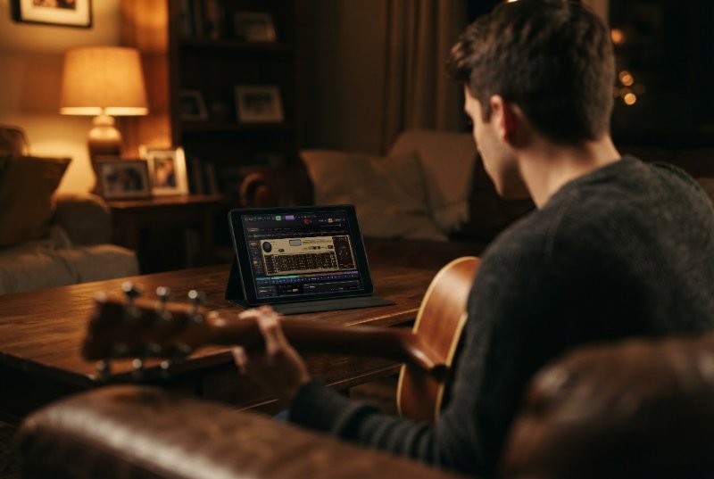 Over the shoulder of a guitarist on a leather couch, playing along with the Notes to Play guitar screen on a tablet on the coffee table