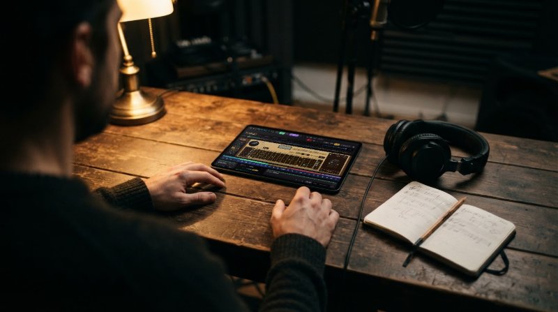 Hands on a wooden studio desk beside a tablet showing the Notes to Play guitar, with headphones and a notebook