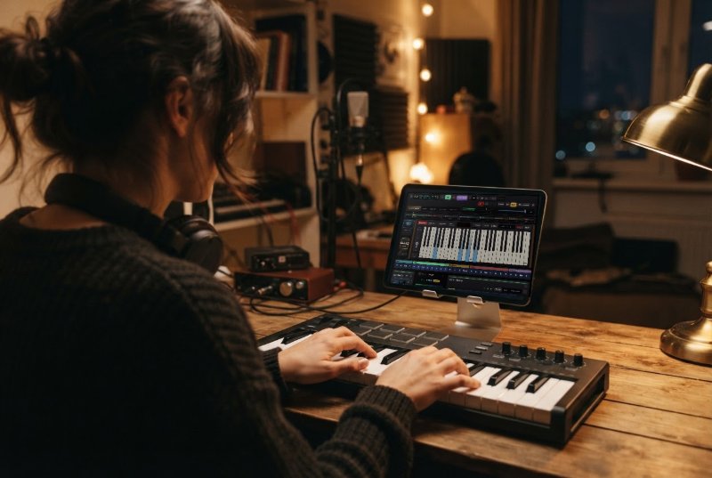 Over the shoulder of a songwriter playing a small MIDI keyboard, with the Notes to Play keyboard screen on a tablet in front of her