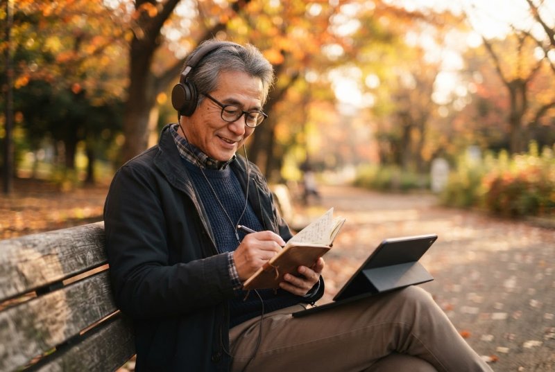 An older man in headphones writing lyrics on a park bench in autumn, a tablet on his knee
