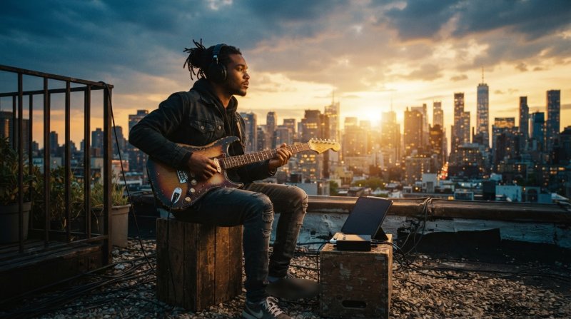 A guitarist in headphones on a city rooftop at sunset with a tablet beside him