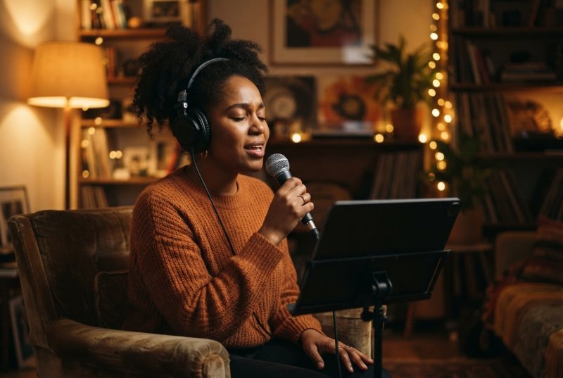 A singer with headphones singing into a microphone at home, a tablet on a music stand in front of her