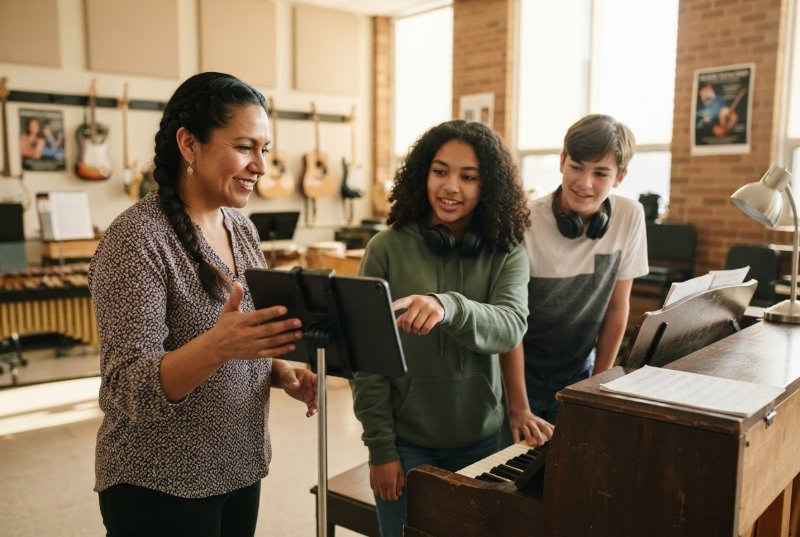 A music teacher and three students around a tablet next to a piano